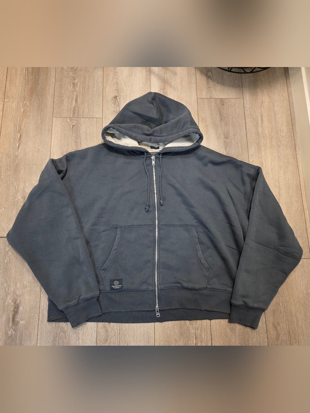 Abercrombie & Fitch Cropped Slate Blue Distressed Full-Zip Hoodie